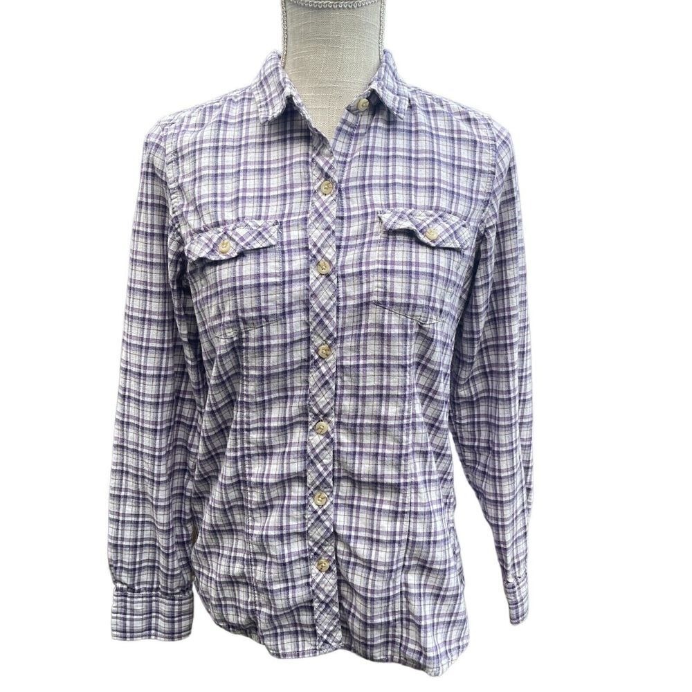 Eddie Bauer Plaid Flannel Shirt Womens S Purple‎ White Button Front Long Sleeve